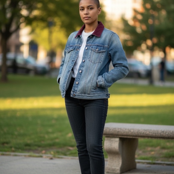 Jordache Denim Jacket with Burgundy Collar - Picture 1 of 10